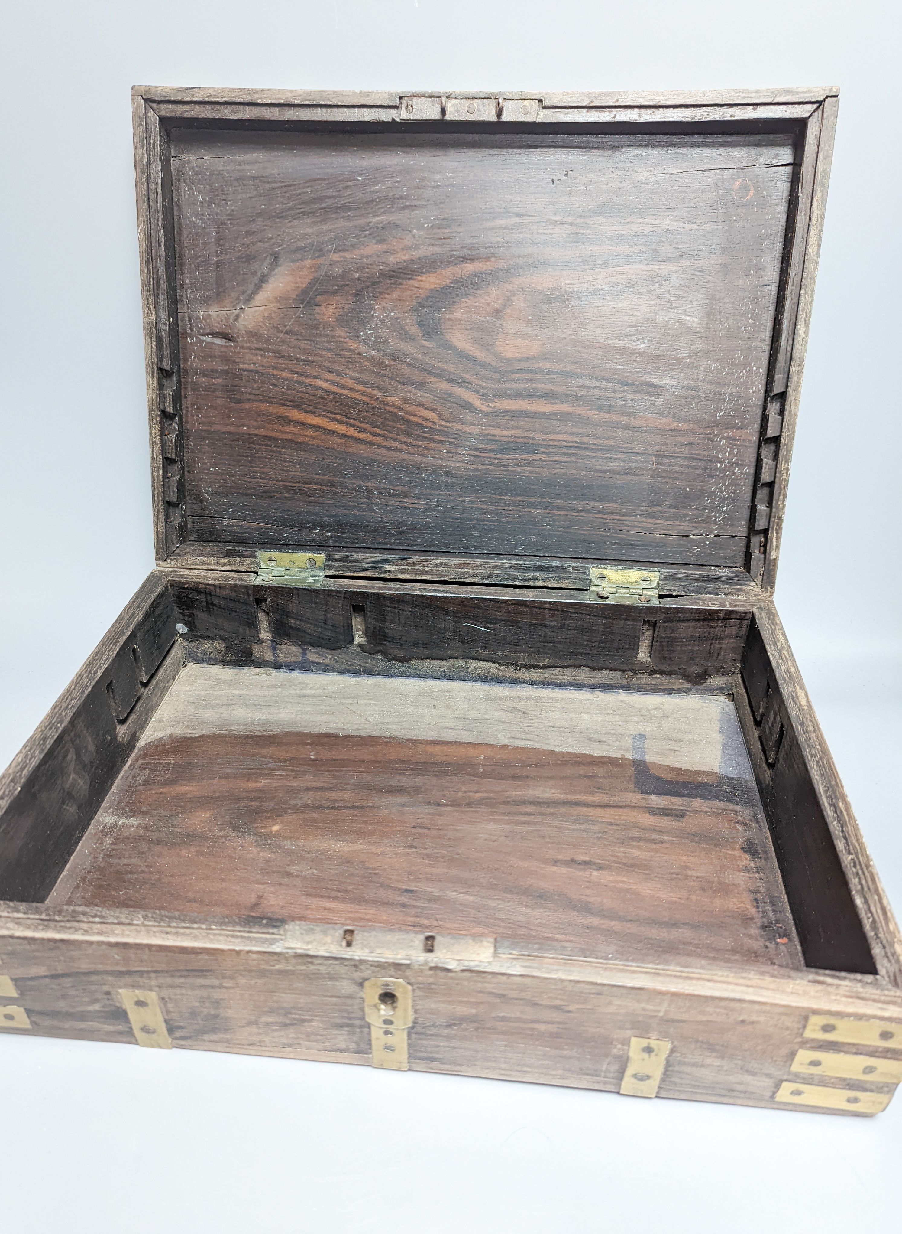 Two Anglo Indian brass and rosewood Anglo writing boxes, largest 43 cm